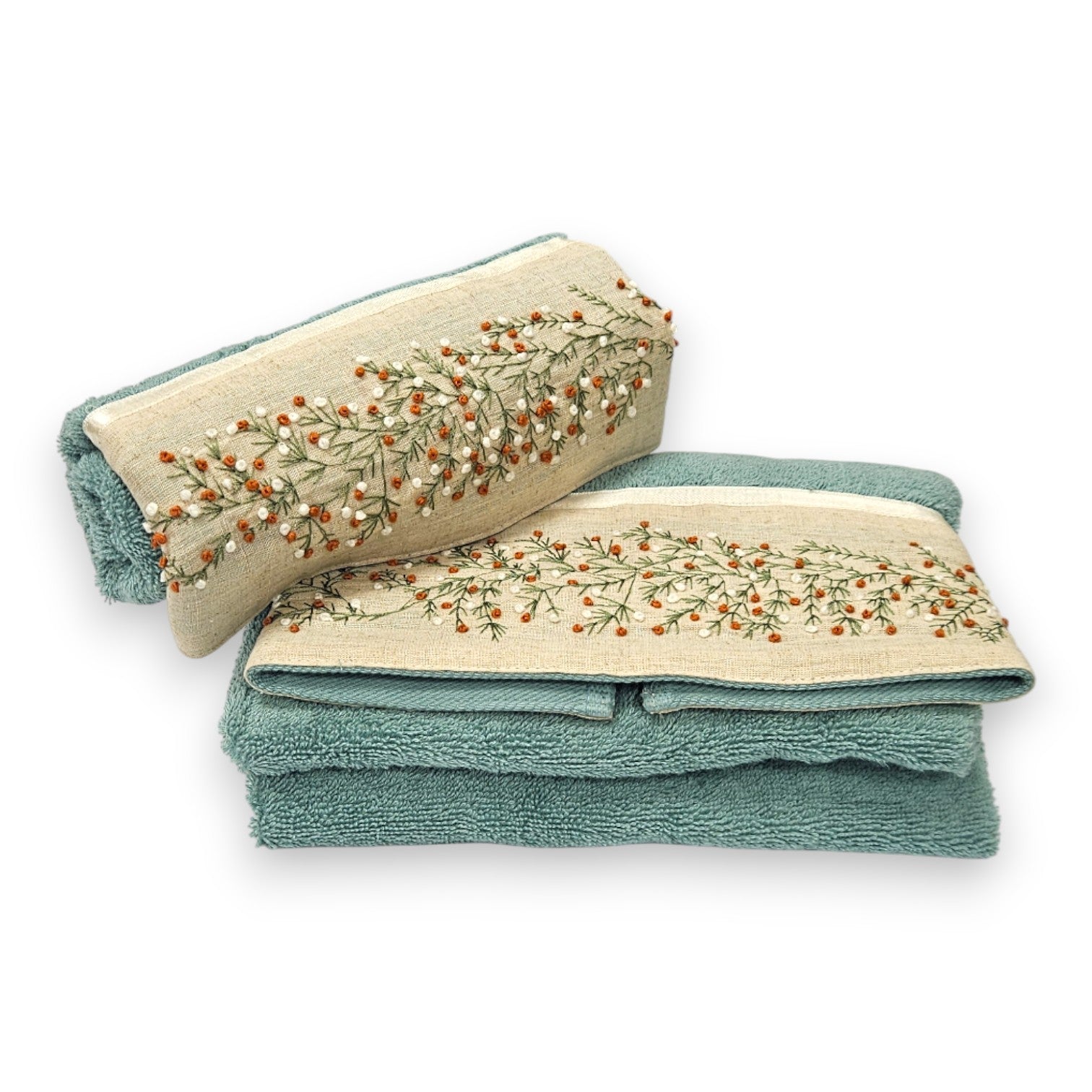 asciugamani bagno Eleonor menta con motivo floreale ricamato in cotone