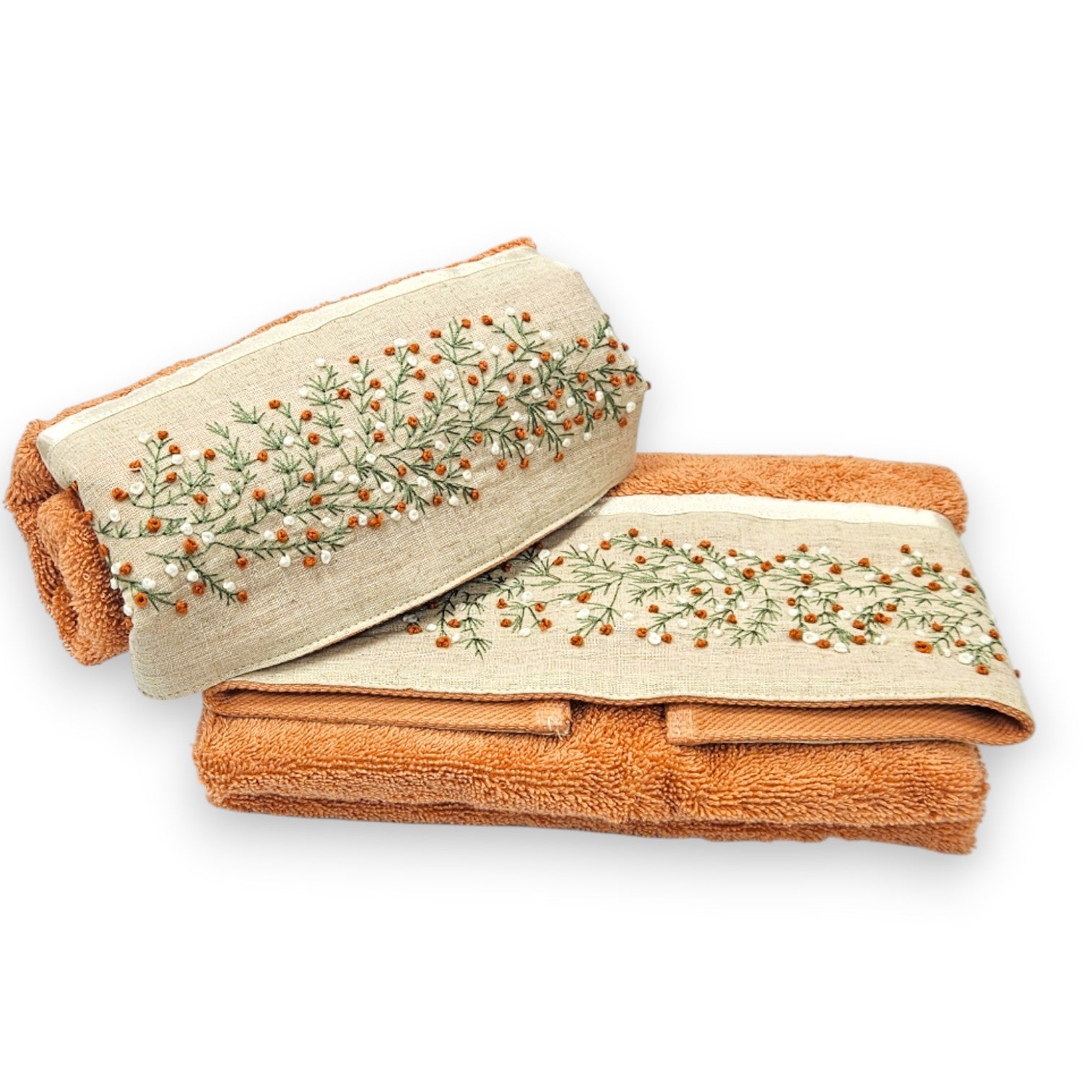 asciugamani bagno arancione con ricamo floreale in cotone