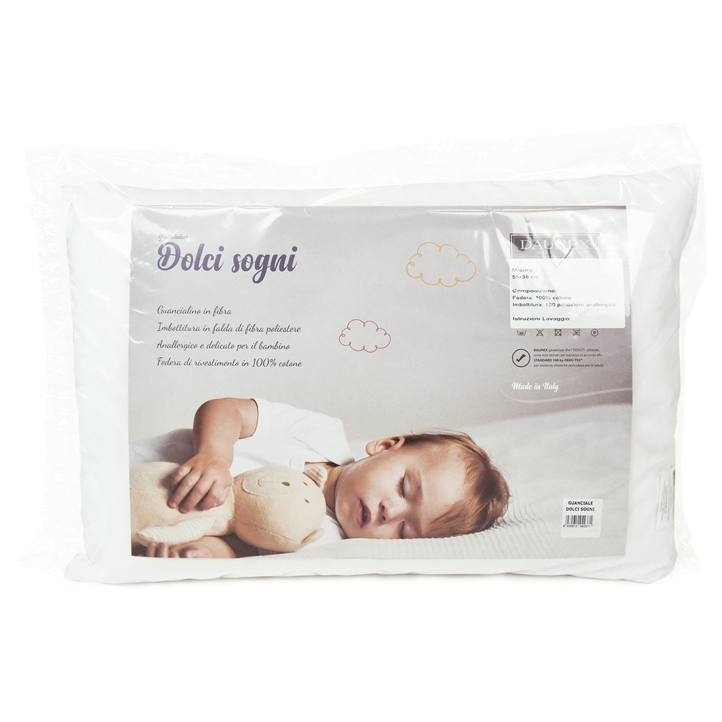 Sacca cuscino dolci sogni con raffigurato un bambino piccolo
