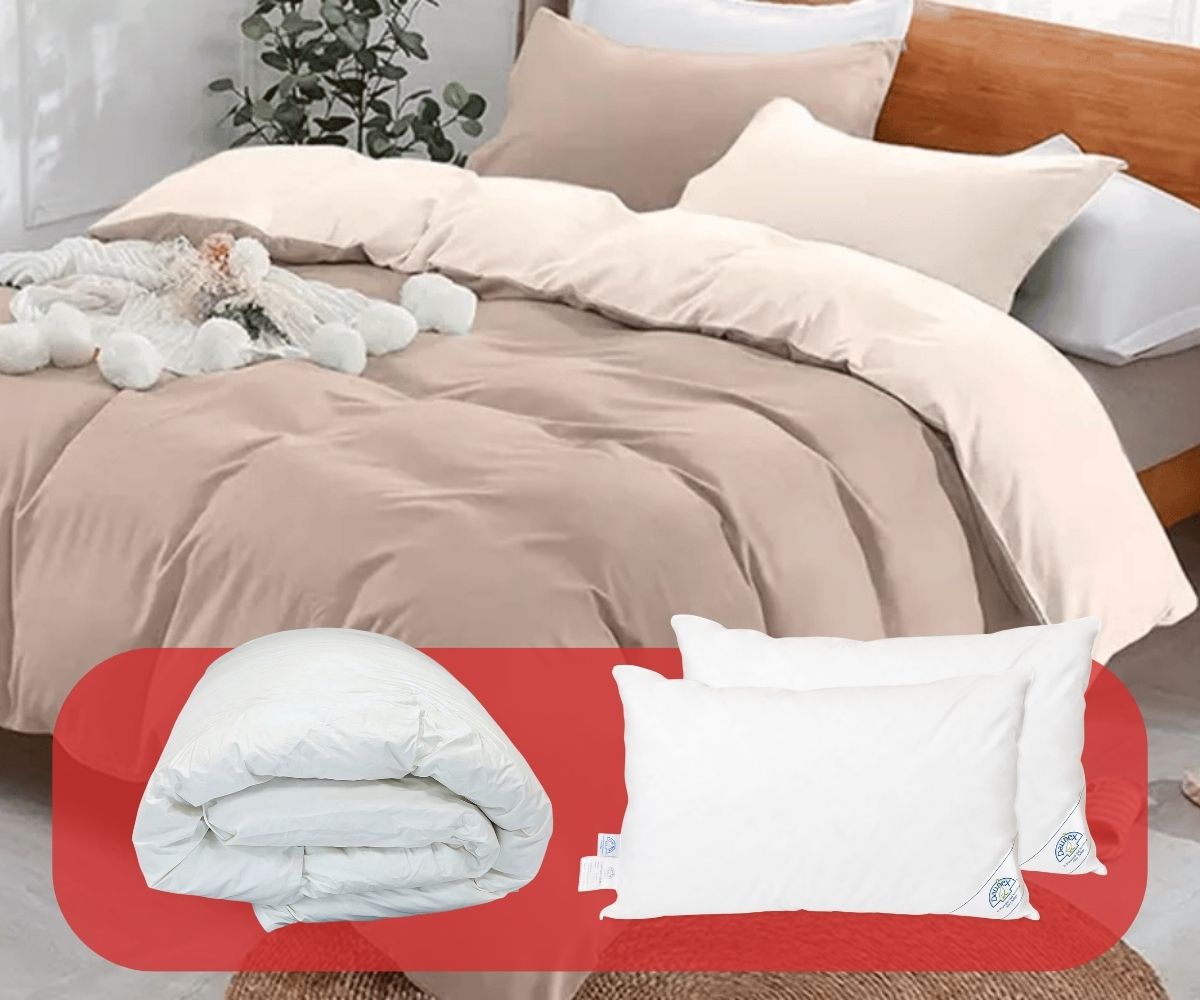 Set matrimoniale Friends copripiumino in cotone bicolore beige, che contiene il piumino Fiocco in piuma d’oca e i due cuscini Issimo in piuma d’oca.