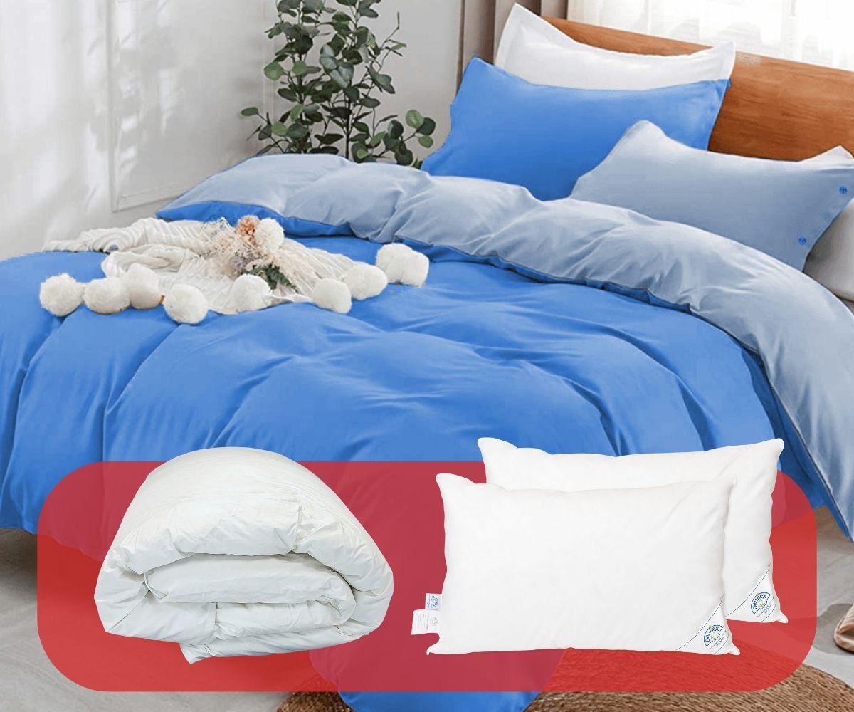 Set matrimoniale Friends copripiumino in cotone bicolore blu, che contiene il piumino Fiocco in piuma d’oca e i due cuscini Issimo in piuma d’oca.