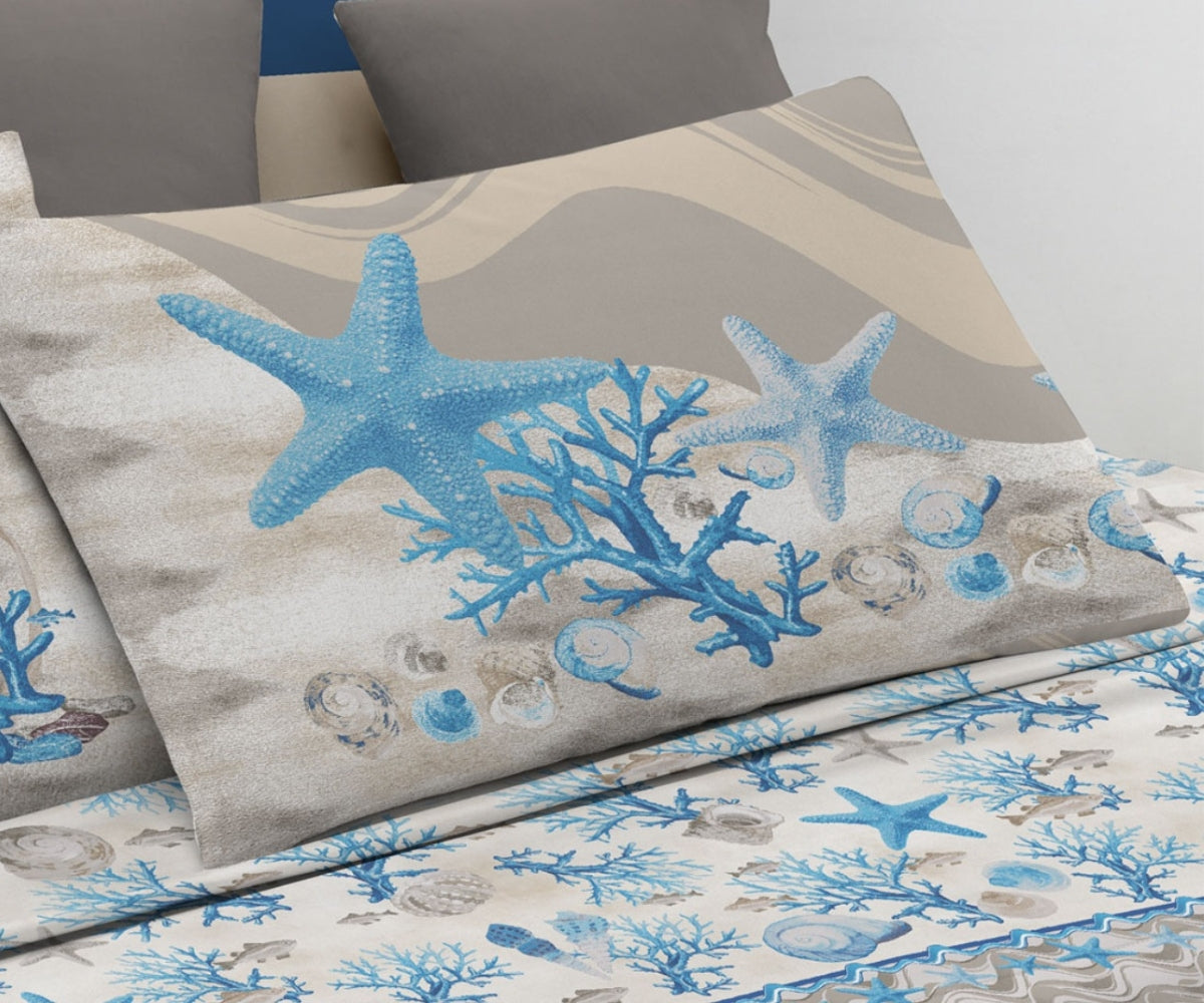 Federa guanciale letto color azzurro con stampa stelle marina