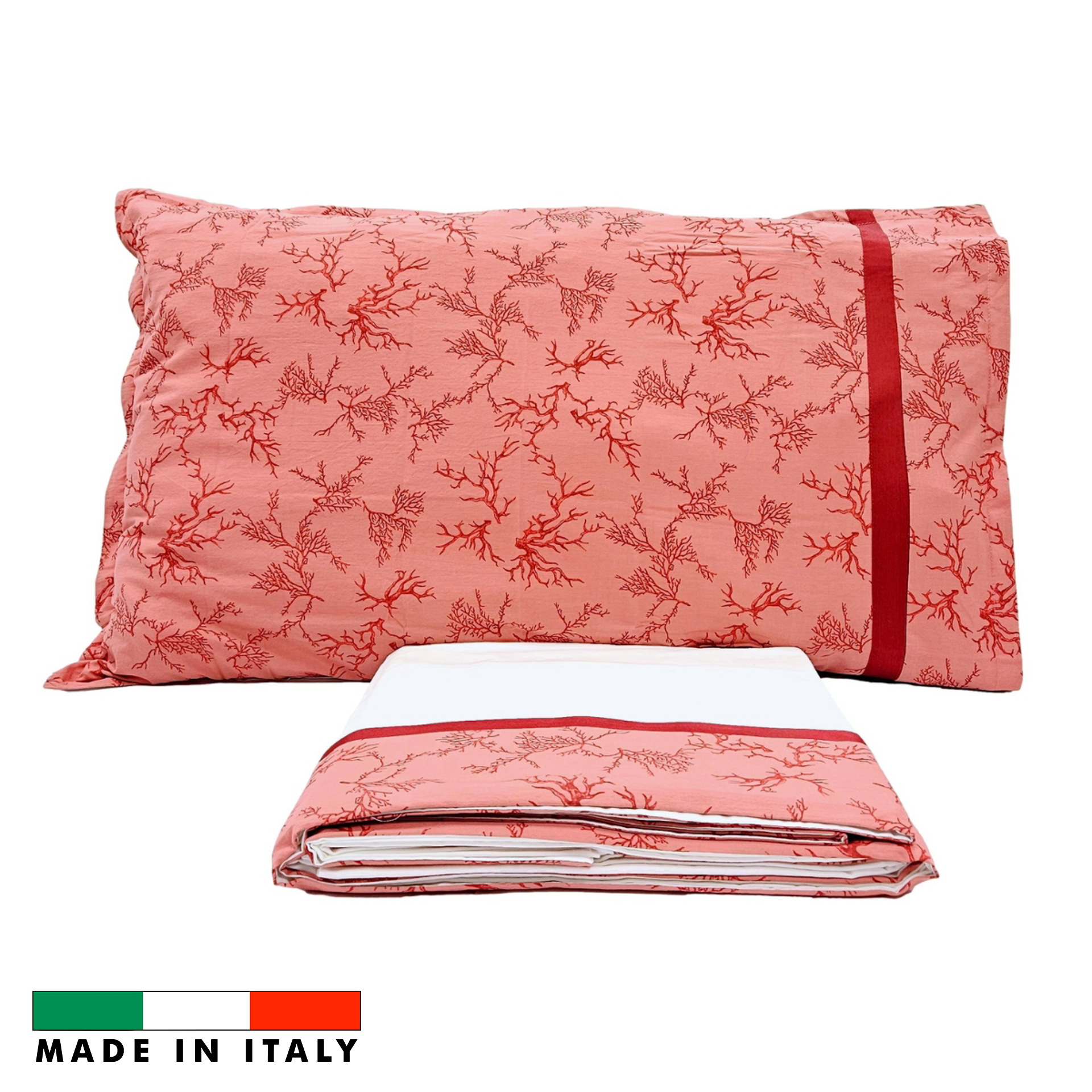 completo letto matrimoniale composto da lenzuola e federe rosso con fantasia coralli