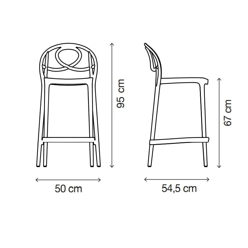 Dimensioni sgabello. Altezza seduta 67 cm, altezza totale 95 cm, larghezza 50 cm e lunghezza 54,5 cm.