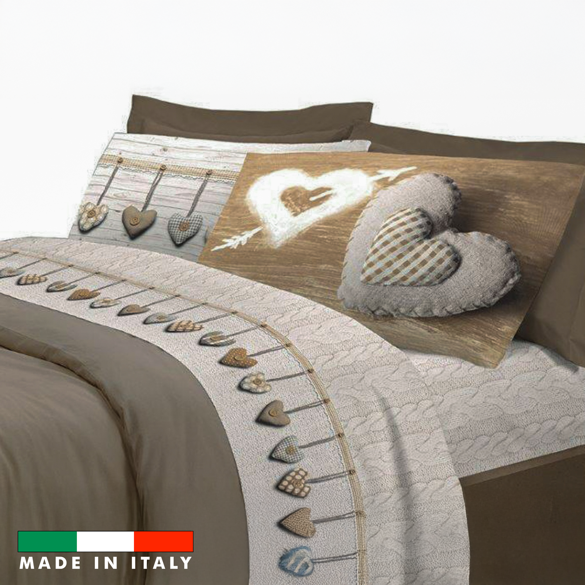 Completo letto matrimoniale beige composto da lenzuola e federe con fantasia stampata