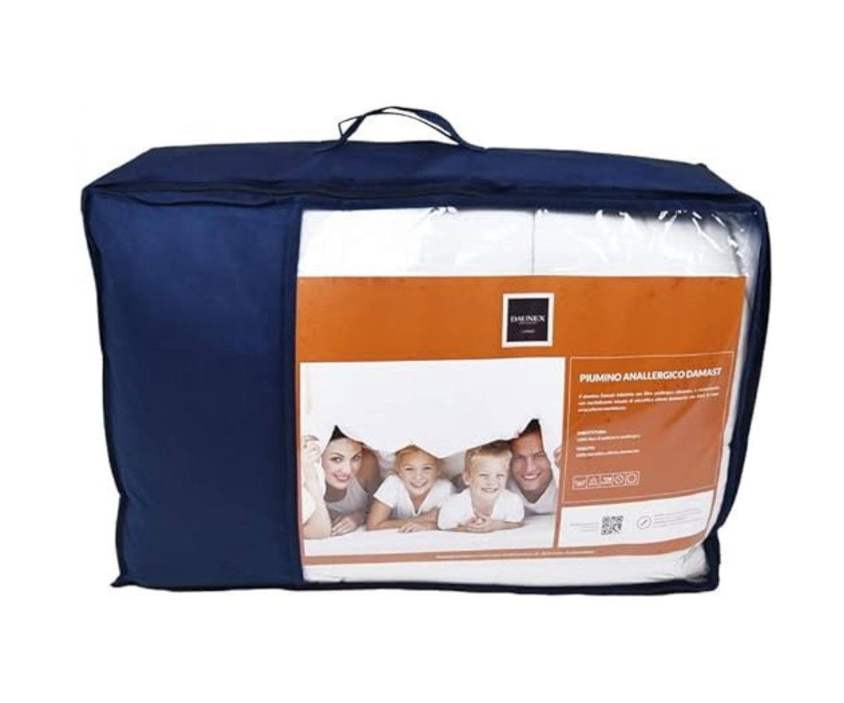 Sacca blu e trasparente con etichetta arancione per piumino letto Damast Warm Daunex