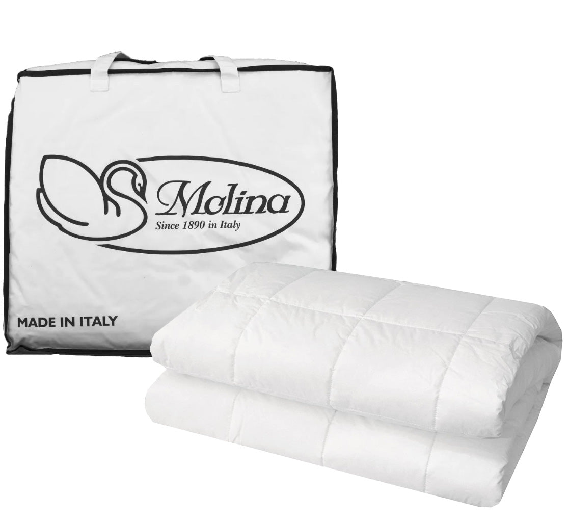 Piumino letto bianco 100% piumino d'oca pregiato ripiegato, con sacca della Molina Made in Italy