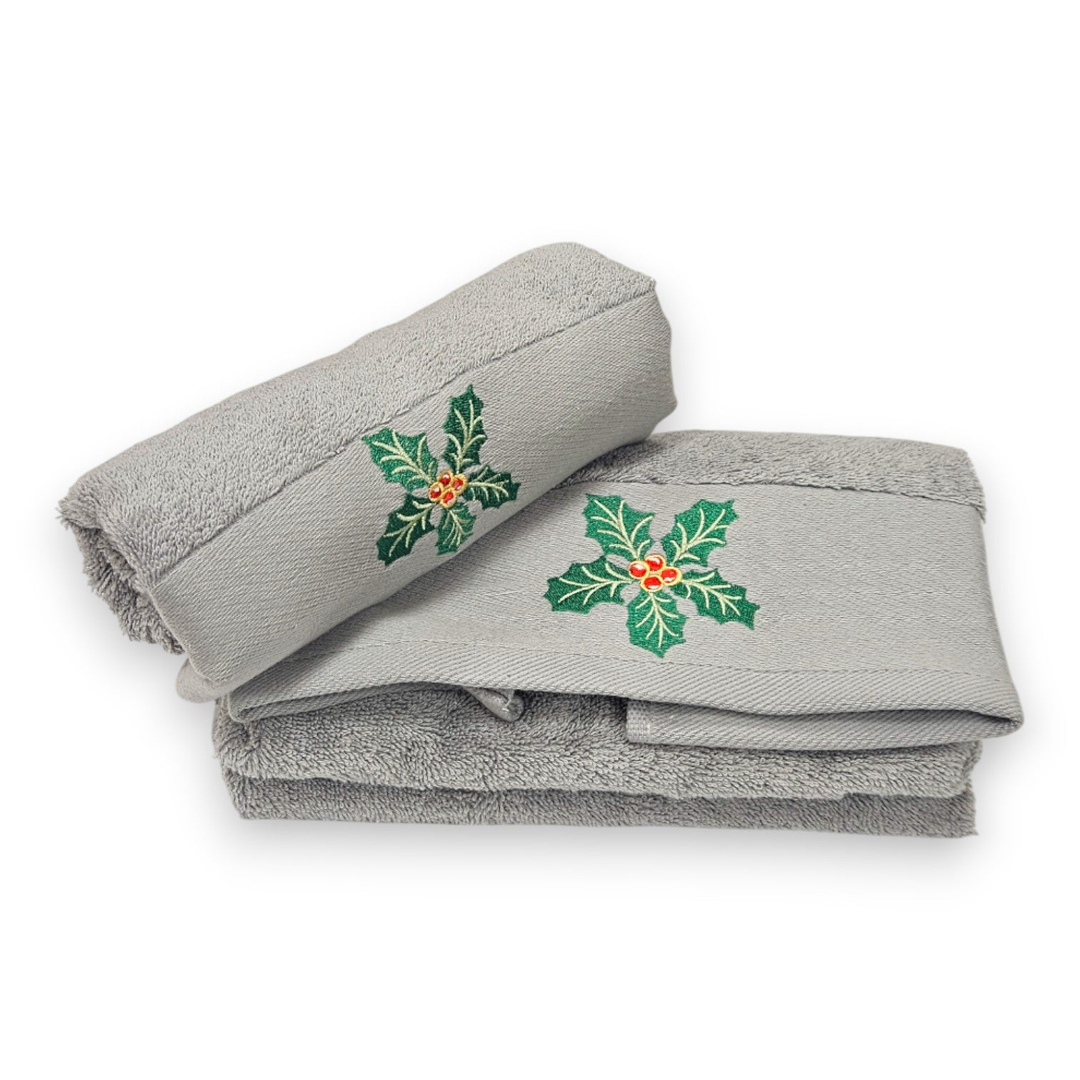 Set asciugamani bagno ricamo agrifoglio 2 pezzi in cotone