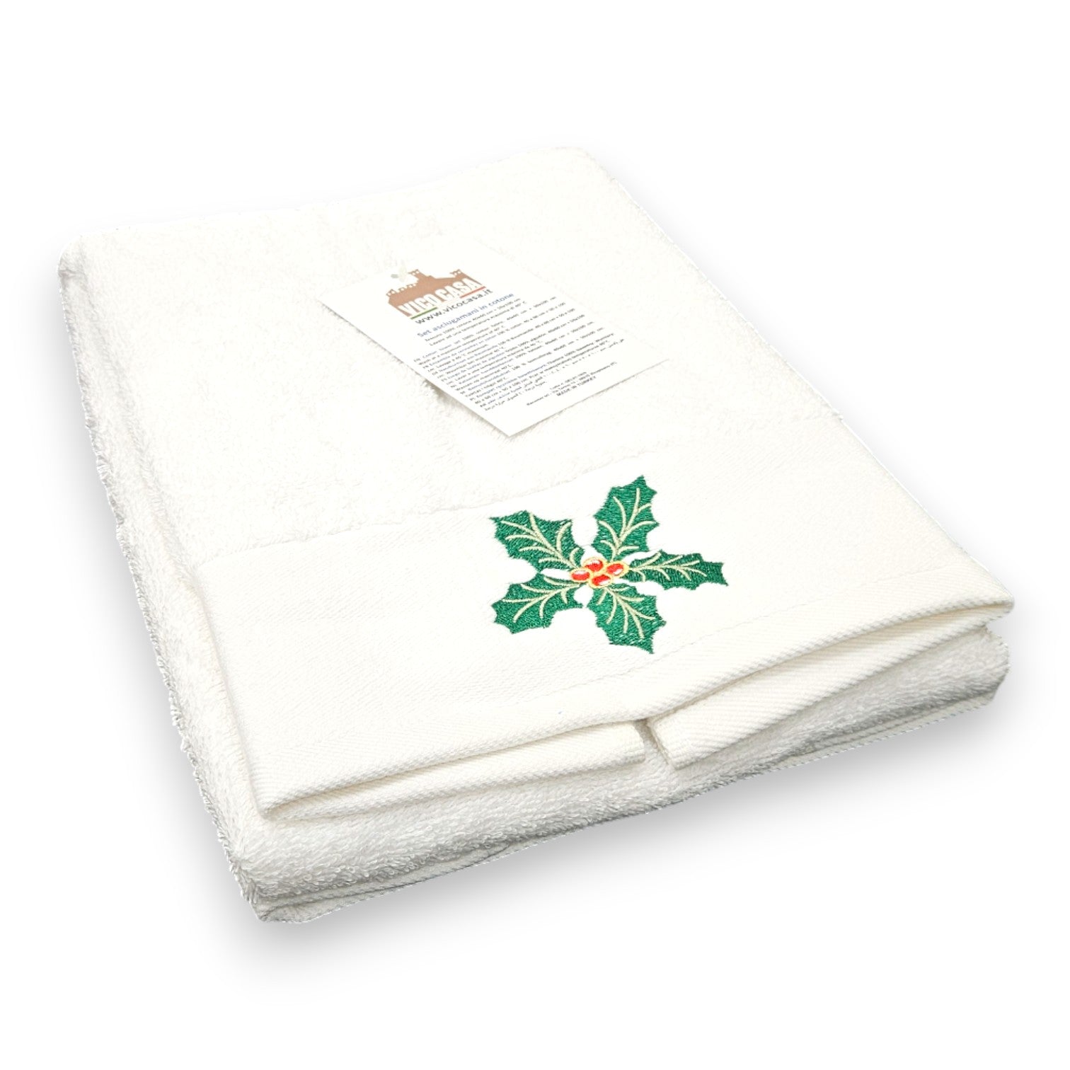 set asciugamani ricamo agrifoglio colore bianco