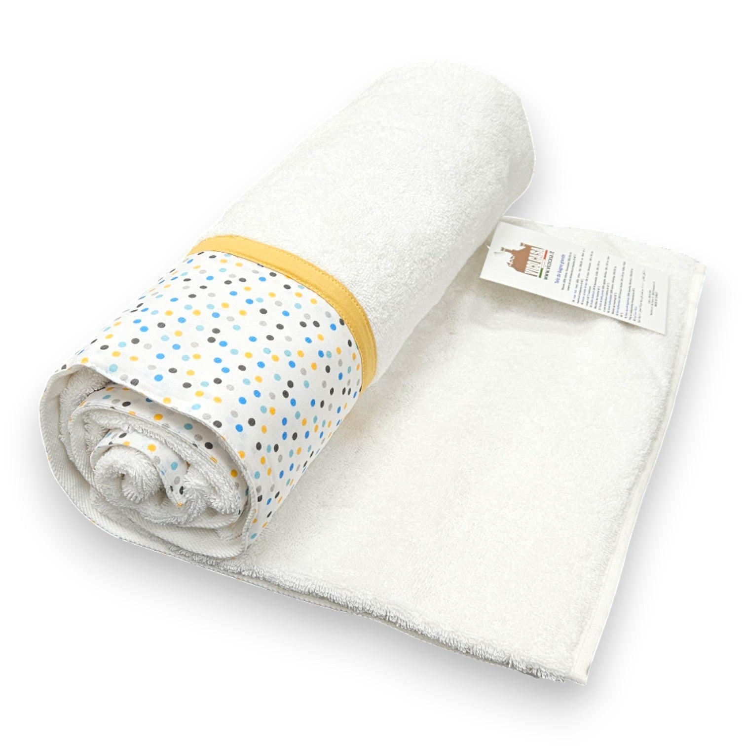 Dettaglio motivo pois colorato su asciugamano in cotone spugna 500 GSM