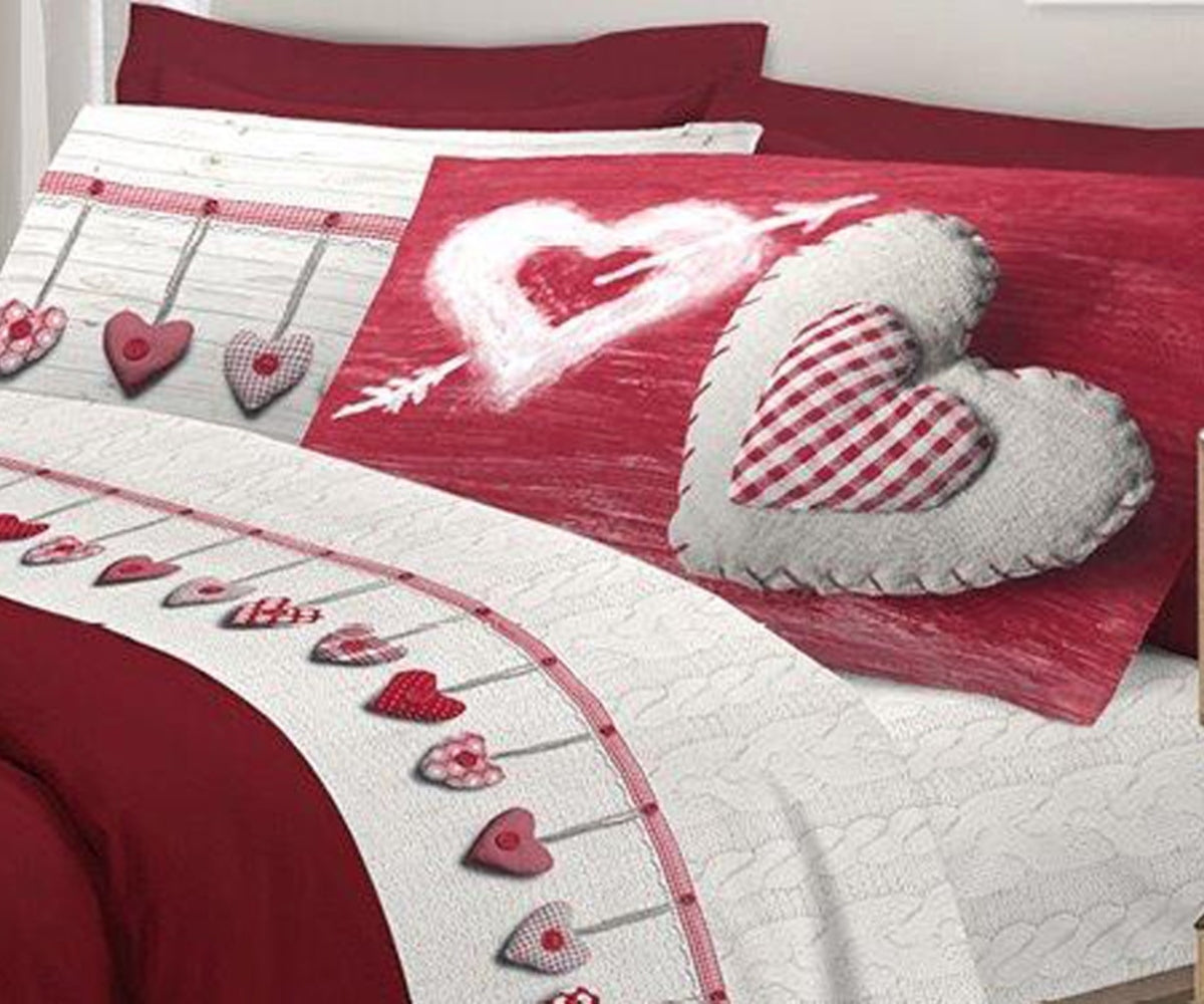 Completo letto rosso, lenzuola e federe con fantasia cuore