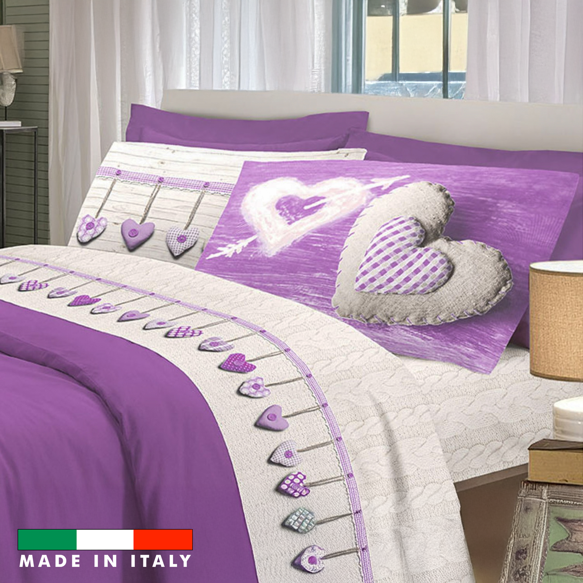 Completo letto matrimoniale lilla composto da lenzuola e federe con fantasia stampata