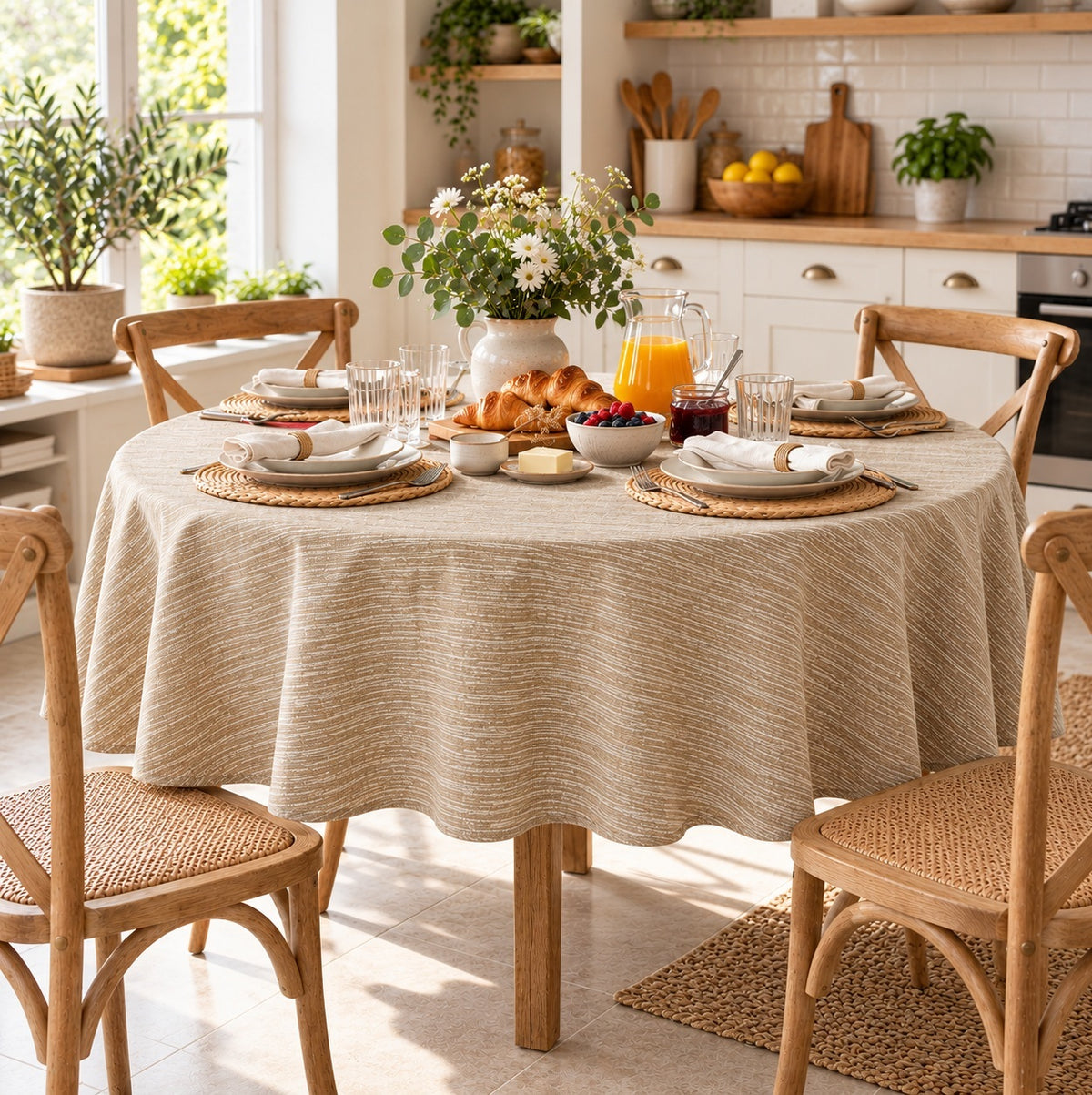 Tovaglia rotonda Charme beige in tessuto jacquard diametro 180 cm