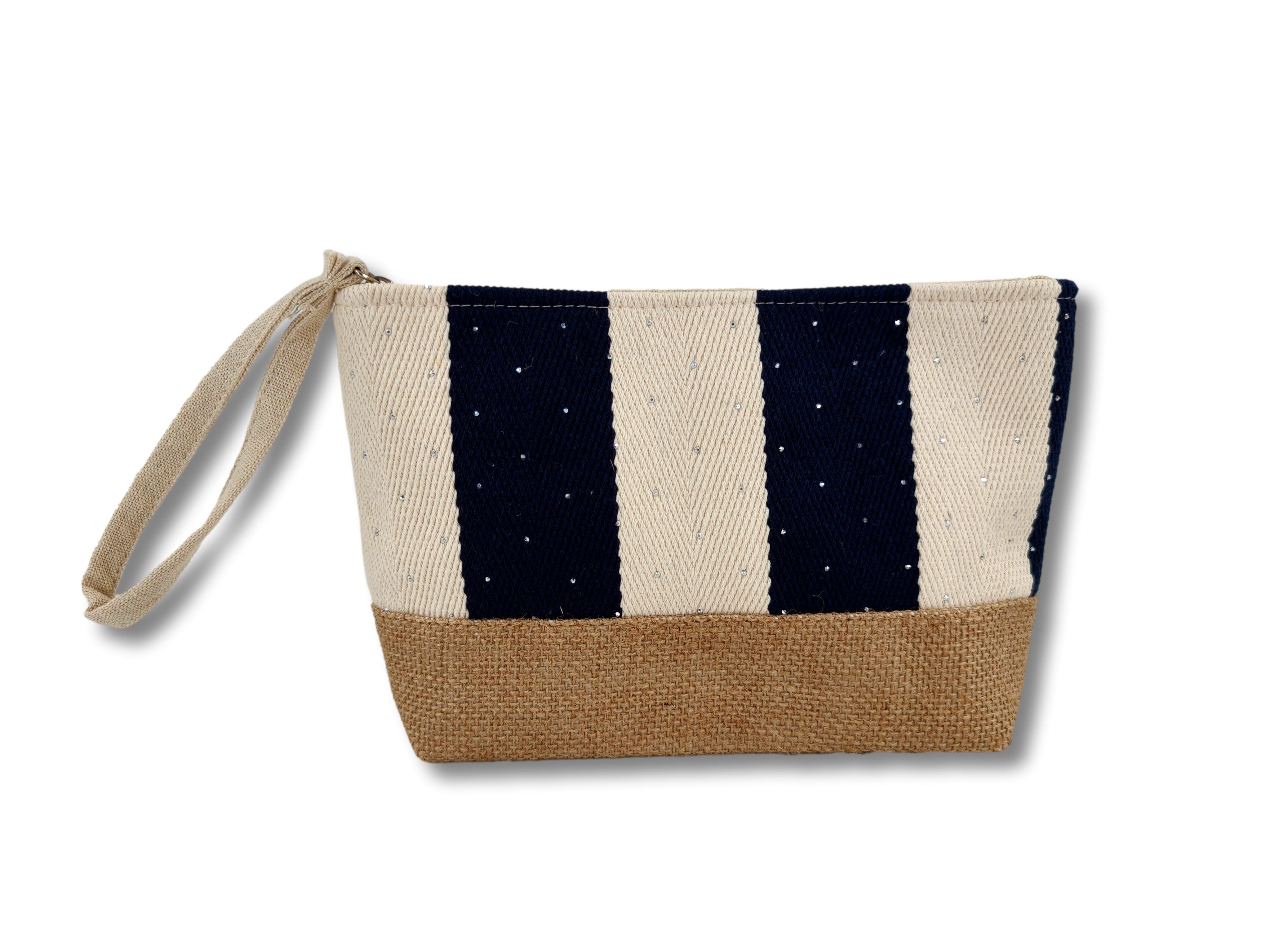 Pochette mare a righe con brillantini blu